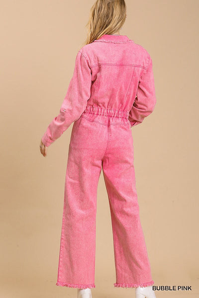 Mari Marilyn Mid Button Down Polyester/Spandex Blend Stone Wash Wide Leg Side Pockets Detail Distressed Jumpsuit (Bubble Pink)