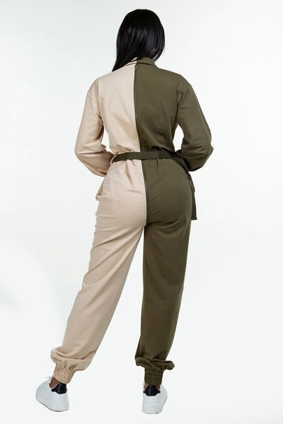 Our Best Chic-n-Sexy Long Sleeve Sporty Adjustable Accent Belt + Zipper Detail Jumpsuit (Olive)
