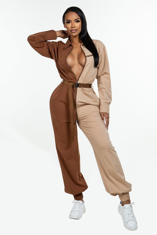 Our Best Chic-n-Sexy Long Sleeve Sporty Adjustable Accent Belt + Zipper Detail Jumpsuit (Brown)