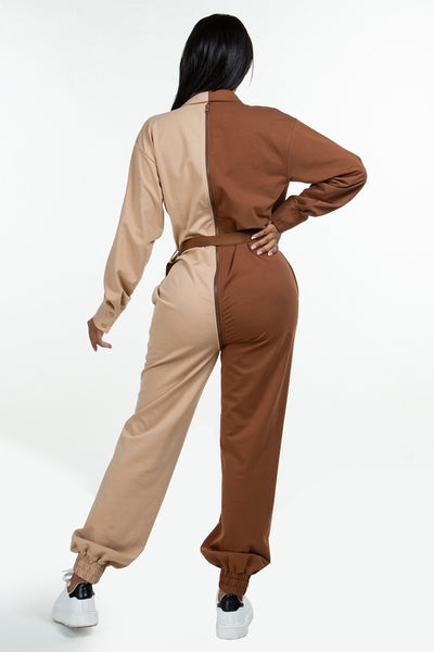 Our Best Chic-n-Sexy Long Sleeve Sporty Adjustable Accent Belt + Zipper Detail Jumpsuit (Brown)