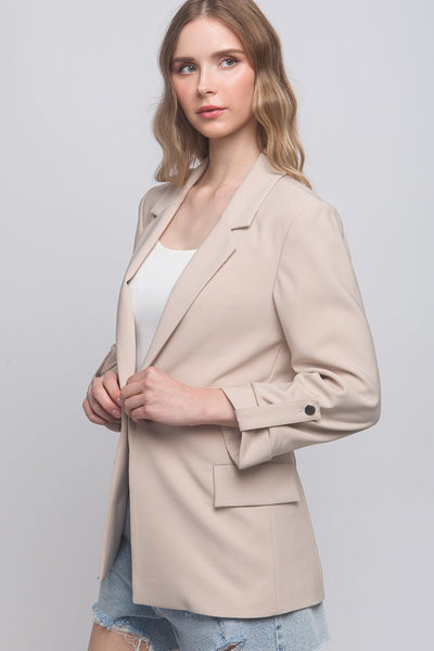 Our Best 95% Polyester 5% Spandex Button Cuff Detail Long Lapel Woven Solid Color 3/4 Sleeve Blazer (Khaki)