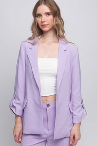 Our Best 95% Polyester 5% Spandex Button Cuff Detail Long Lapel Woven Solid Color 3/4 Sleeve Blazer (Lavender)