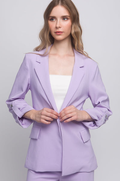 Our Best 95% Polyester 5% Spandex Button Cuff Detail Long Lapel Woven Solid Color 3/4 Sleeve Blazer (Lavender)