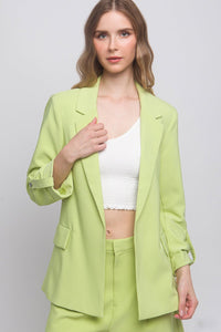 Our Best 95% Polyester 5% Spandex Button Cuff Detail Long Lapel Woven Solid Color 3/4 Sleeve Blazer (Lime)