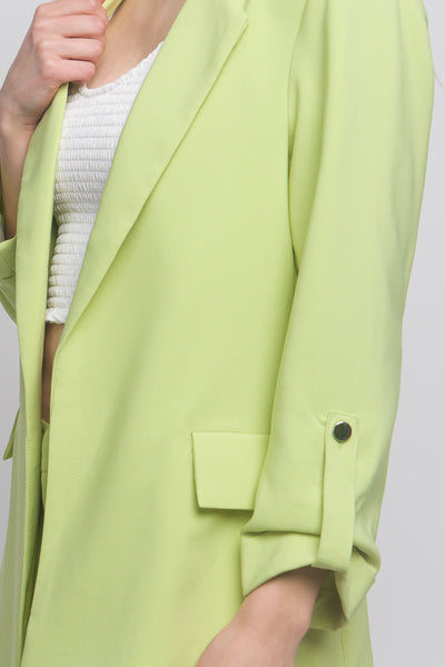 Our Best 95% Polyester 5% Spandex Button Cuff Detail Long Lapel Woven Solid Color 3/4 Sleeve Blazer (Lime)
