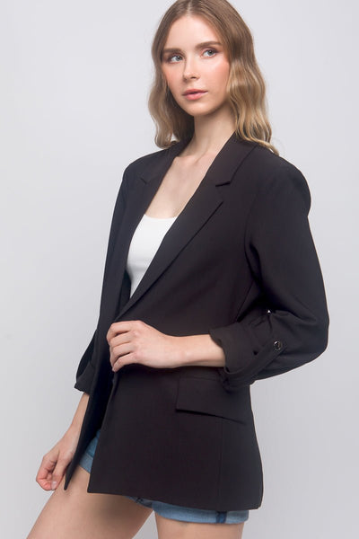 Our Best 95% Polyester 5% Spandex Button Cuff Detail Long Lapel Woven Solid Color 3/4 Sleeve Blazer (Black)