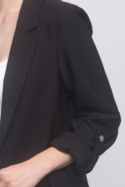 Our Best 95% Polyester 5% Spandex Button Cuff Detail Long Lapel Woven Solid Color 3/4 Sleeve Blazer (Black)
