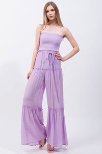 Our Best 35% Polyester 65% Rayon Off-The Shoulder Sleeveless Smocked Ruffle Jumpsuit (Lilac)