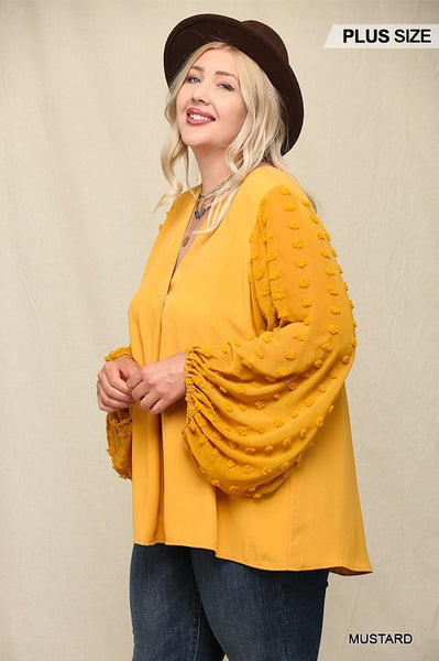 Plus Size Lovely Ladies 100% Polyester Woven And Textured Chiffon Top With Voluminous Sheer Sleeves (Mustard)