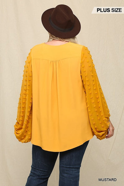 Plus Size Lovely Ladies 100% Polyester Woven And Textured Chiffon Top With Voluminous Sheer Sleeves (Mustard)