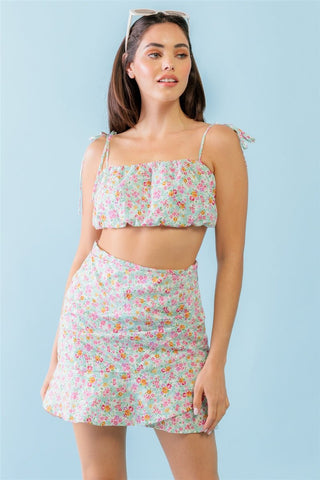 Our Best 100% Polyester Sleeveless Strappy Crop Top & High Waist Mini Skirt Two Piece Set (Mint Fuchsia)