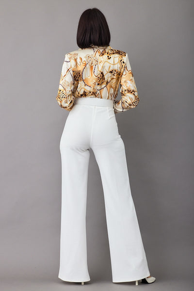 Sandra Smashing 95% Polyester 5% Spandex Chains Floral Motif Print Top Detailed Fashion Jumpsuit (White)