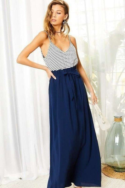 Our Best 100% Cotton Striped Print Cami Sol Top Hi-waist Skirt Side Pocket Maxi Dress (Navy)