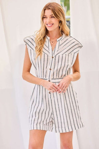 Our Best 100% Rayon Notched Neck Button Detail Elastic Band Waist Stripe Print Romper (Off White)
