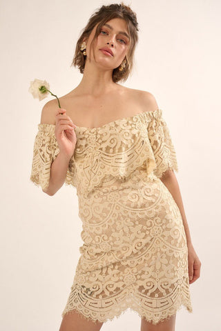 Our Best 70% Nylon 30% Cotton Eyelash Lace Straight Neckline Sleeveless Flounce Ruffle Mini Dress (Butter)