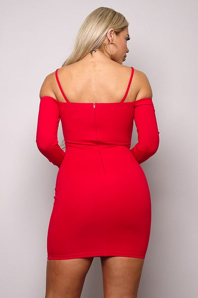 Our Best 63% Rayon 33% Nylon 5% Spandex Cold Shoulder Long Sleeve Adjustable Spaghetti Strap Mini Dress (Red)
