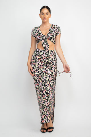 Our Best 95% Polyester 5% Spandex Front Knot Design Floral Print Top & Ruched Detail Maxi Skirt Two Piece Set (Black)