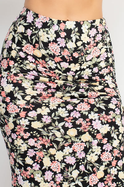 Our Best 95% Polyester 5% Spandex Front Knot Design Floral Print Top & Ruched Detail Maxi Skirt Two Piece Set (Black)