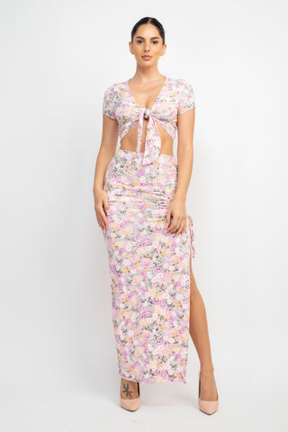 Our Best 95% Polyester 5% Spandex Front Knot Design Floral Print Top & Ruched Detail Maxi Skirt Two Piece Set (Pink Lavender)