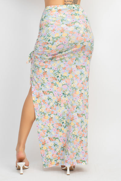 Our Best 95% Polyester 5% Spandex Front Knot Design Floral Print Top & Ruched Detail Maxi Skirt Two Piece Set (Baby Blue)