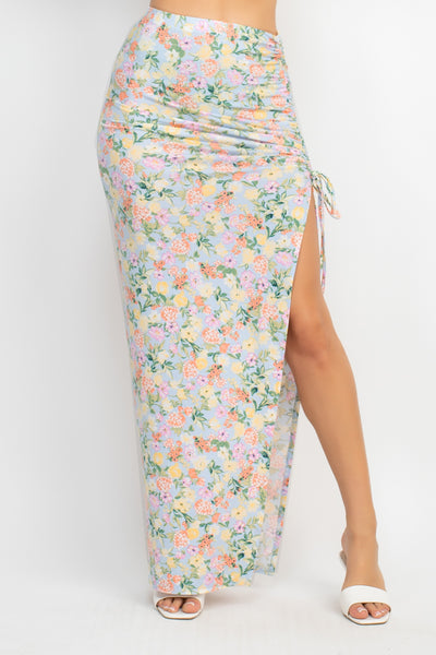 Our Best 95% Polyester 5% Spandex Front Knot Design Floral Print Top & Ruched Detail Maxi Skirt Two Piece Set (Baby Blue)
