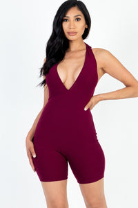 Our Best 92% Polyester 8% Spandex Casual Solid Halter V-Neckline Ribbed Knit Bodycon Romper (Burgundy)