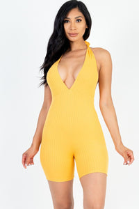 Our Best 92% Polyester 8% Spandex Casual Solid Halter V-Neckline Ribbed Knit Bodycon Romper (Gold)
