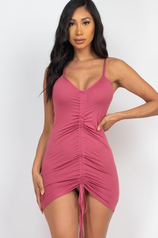 Our Best Polyester/Spandex Blend Adjustable Ruched Detail Mini Dress (Dark Mauve)