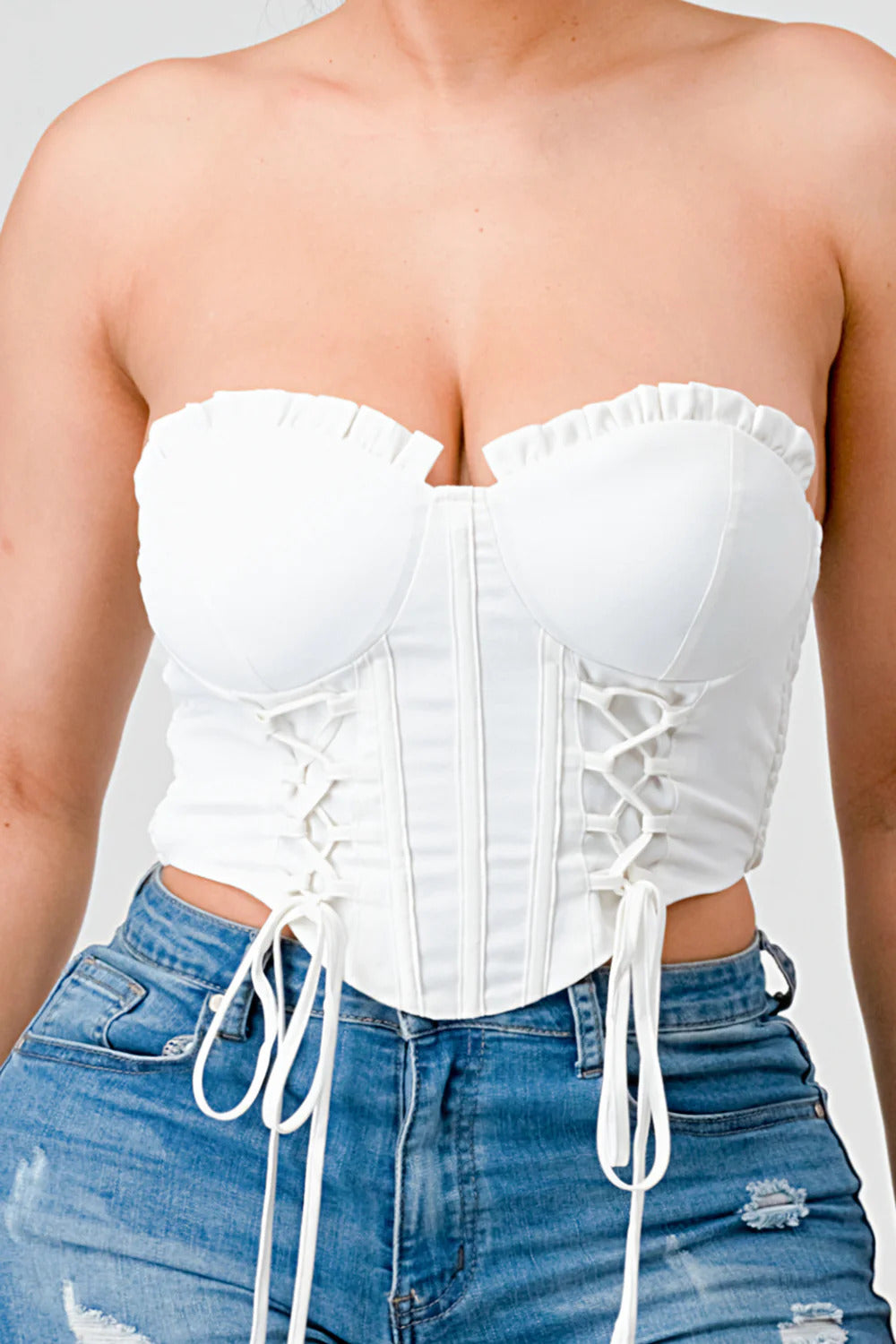 Sissie Sassie Polyester/Spandex Fashion Plus Off Shoulder Luxe Sweetheart Ruffled Lace Bustier Top (Off White)