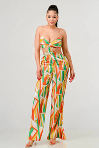Luxe Geo Print 100% Polyester Scoop Detail Connected Shirred Elastic Band Back Satin Bra Top Slit Palazzo Pant Detail Jumpsuit (Orange Multi)