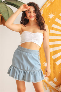 Our Best 100% Polyester White Embroidery Cotton Strapless Smocked Back Crop Top (White)