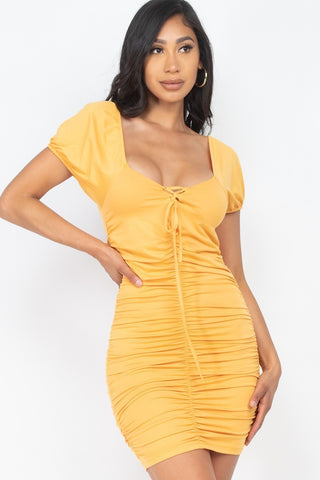 Our Best 92% Polyester 8% Spandex Front Lace Up Ruched Detail Mini Dress (Amber)