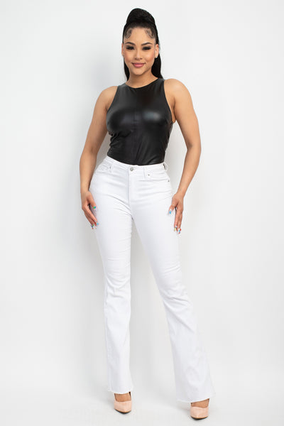 Our Best 95% Polyester 5% Spandex Faux Leather Sleeveless Round Neckline Bodysuit (Black)