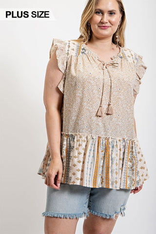Plus Size Lovely Ladies 100% Polyester Woven Prints Mixed And Sleeveless Flutter Top With Tassel Tie (Taupe)