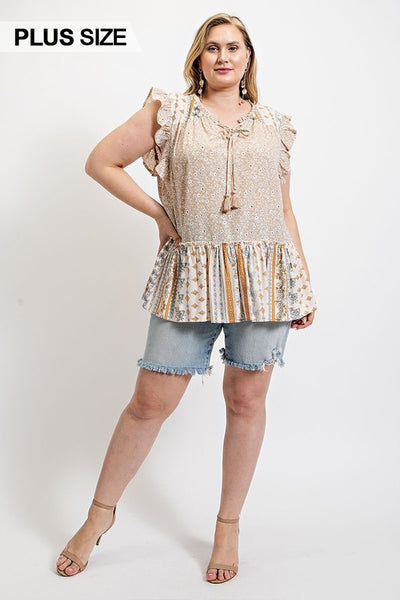 Plus Size Lovely Ladies 100% Polyester Woven Prints Mixed And Sleeveless Flutter Top With Tassel Tie (Taupe)