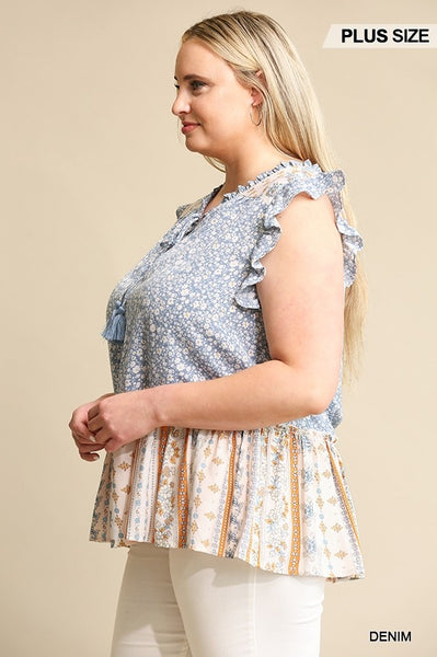 Plus Size Lovely Ladies 100% Polyester Woven Prints Mixed And Sleeveless Flutter Top With Tassel Tie (Denim)