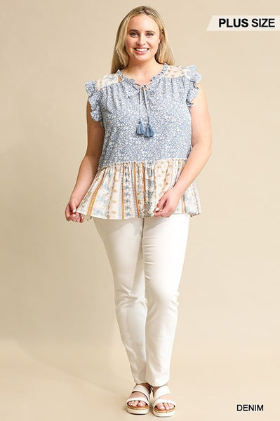Plus Size Lovely Ladies 100% Polyester Woven Prints Mixed And Sleeveless Flutter Top With Tassel Tie (Denim)