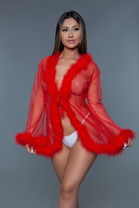 Shelia Sheer Short Length Robe With Marabou Feather Trim. Includes Thong (Red)