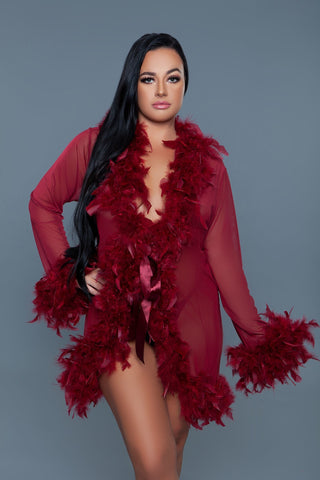 Shelia Sheer 100% Polyester Knee Length Feather Robe With Ribbon Ties (Maroon)