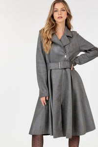 Our Best 97% Polyester 3% Spandex Waist Belt Tacked Faux Suede Solid Color Coat (Grey)