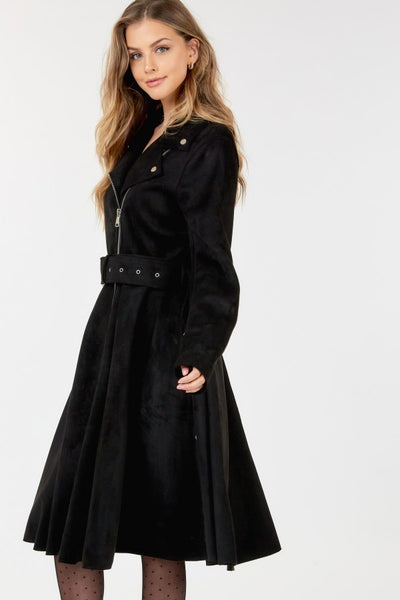 Our Best 97% Polyester 3% Spandex Waist Belt Tacked Faux Suede Solid Color Coat (Black)