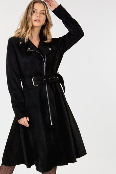 Our Best 97% Polyester 3% Spandex Waist Belt Tacked Faux Suede Solid Color Coat (Black)