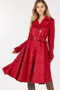 Our Best 97% Polyester 3% Spandex Waist Belt Tacked Faux Suede Solid Color Coat (Wine)