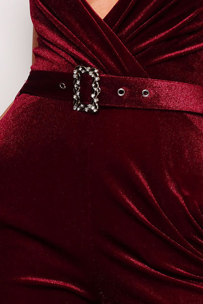 Samba Rhinestone 95% Polyester 5% Spandex V-neckline Belt Detail Velvet Jumpsuit (Burgundy)