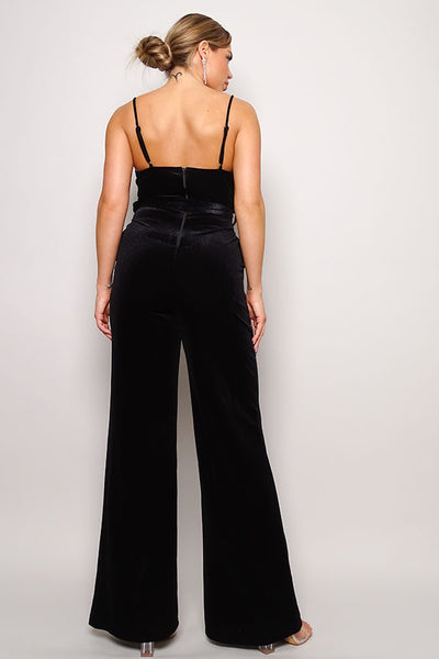 Samba Rhinestone 95% Polyester 5% Spandex V-neckline Belt Detail Velvet Jumpsuit (Black)