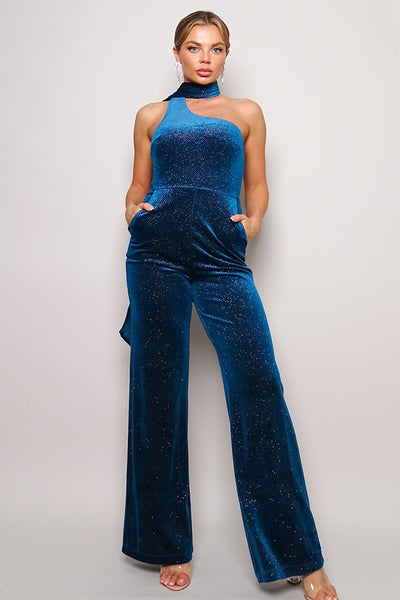 Glenda Glitter Glam 95% Polyester 5% Spandex Scarf Top Detail Glitter Velvet Long Pant Jumpsuit (Teal)