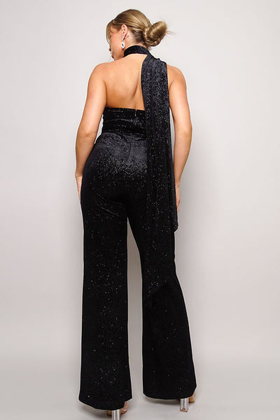 Glenda Glitter Glam 95% Polyester 5% Spandex Scarf Top Detail Glitter Velvet Long Pant Jumpsuit (Black)