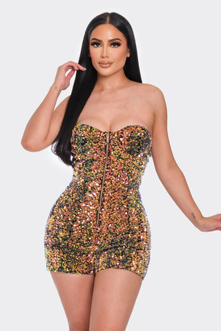 Jewel Jeweled 100% Polyester Multi Sequins Gold Zipper Front Tube Top Romper (Gold Green)