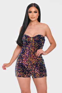 Jewel Jeweled 100% Polyester Multi Sequins Gold Zipper Front Tube Top Romper (Navy Gold))