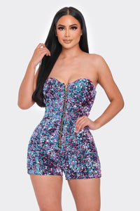 Jewel Jeweled 100% Polyester Multi Sequins Gold Zipper Front Tube Top Romper (Blue Pink)